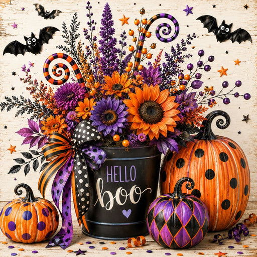Hello Boo Halloween metal wreath sign with orange and purple florals, polka dot and harlequin pumpkins, bats and black bucket, TTE-610.