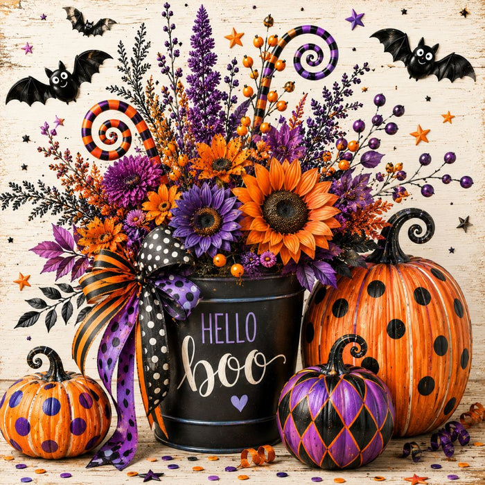 Hello Boo Halloween metal wreath sign with orange and purple florals, polka dot and harlequin pumpkins, bats and black bucket, TTE-610.