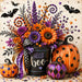 Hello Boo Halloween metal wreath sign with orange and purple florals, polka dot and harlequin pumpkins, bats and black bucket, TTE-610.