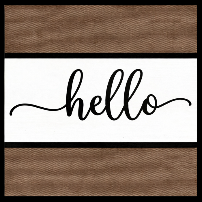 Hello burlap stripe metal sign with black script lettering for everyday wreath accent, 10 inch square TTE-428