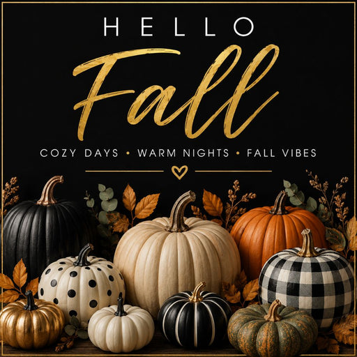 Hello Fall black and neutral pumpkin metal sign featuring black, cream, buffalo check, polka dot, and metallic pumpkins with gold lettering on a black background. Exclusive Trendy Tree Design. SKU TTE-548.