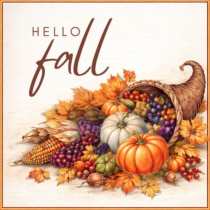 Hello Fall metal sign with cornucopia, orange and white pumpkins, colorful corn, berries and autumn leaves.