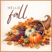 Hello Fall metal sign with cornucopia, orange and white pumpkins, colorful corn, berries and autumn leaves.