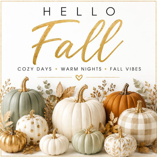 Hello Fall neutral pumpkin metal sign featuring white, sage green, cream, and orange pumpkins with gold accents and elegant fall wording. Exclusive Trendy Tree Design. SKU TTE-545.