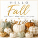 Hello Fall neutral pumpkin metal sign featuring white, sage green, cream, and orange pumpkins with gold accents and elegant fall wording. Exclusive Trendy Tree Design. SKU TTE-545.