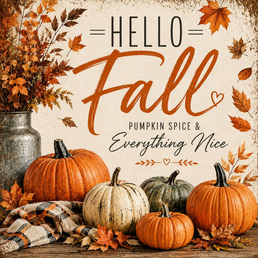 10 x 10 metal fall wreath sign featuring heirloom pumpkins, autumn leaves, and the phrase "Hello Fall – Pumpkin Spice & Everything Nice." Exclusive Trendy Tree Design for deco mesh wreaths, grapevine wreaths, or framing. SKU TTE-499.