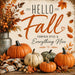 10 x 10 metal fall wreath sign featuring heirloom pumpkins, autumn leaves, and the phrase "Hello Fall – Pumpkin Spice & Everything Nice." Exclusive Trendy Tree Design for deco mesh wreaths, grapevine wreaths, or framing. SKU TTE-499.