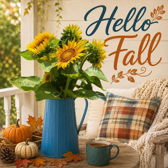 Hello Fall metal sign featuring yellow sunflowers in a blue pitcher, pumpkins, plaid pillow, and cozy autumn front porch scene. SKU TTE-581.