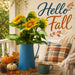 Hello Fall metal sign featuring yellow sunflowers in a blue pitcher, pumpkins, plaid pillow, and cozy autumn front porch scene. SKU TTE-581.