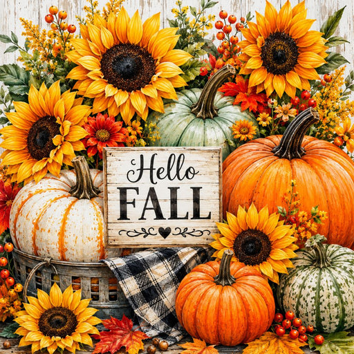 Hello Fall 10 inch metal sign with sunflowers, orange and green pumpkins, berries and black cream plaid accent for fall wreath decor, TTE-622.