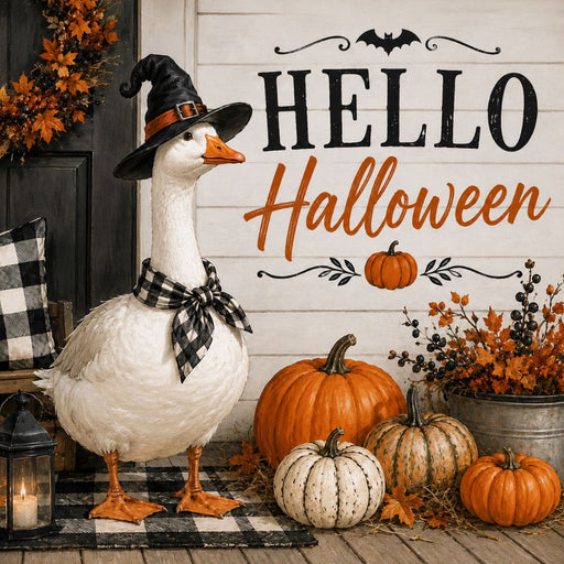 Hello Halloween porch goose metal sign featuring a goose wearing a witch hat and buffalo plaid bow with pumpkins and fall decorations. Exclusive Trendy Tree Design. SKU TTE-546.