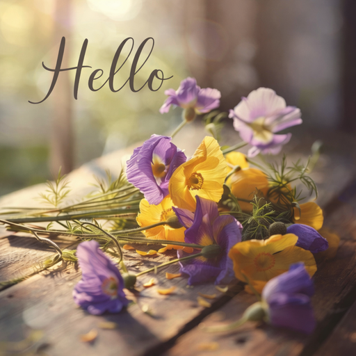 Hello poppy floral metal sign with purple and yellow flowers on rustic wood background for wreath accent, 10 inch square TTE-431
