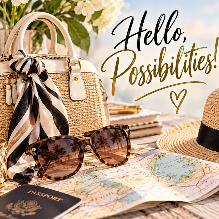 Flat metal sign with Hello Possibilities lettering, cream handbag, black and ivory scarf, sunglasses, passport, travel map, and straw hat, TTE-895.