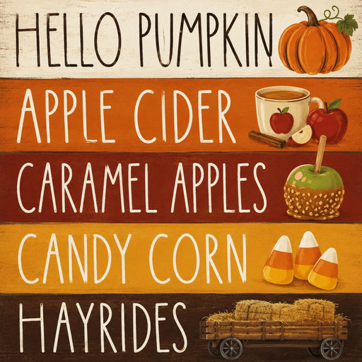 Hello Pumpkin 10 inch metal fall sign featuring apple cider, caramel apples, candy corn and hayrides in warm autumn colors, TTE-628.