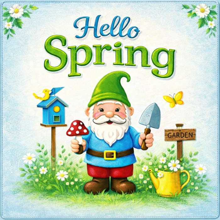 Hello Spring garden gnome metal sign for wreath making, 10x10 square metal sign with gnome, flowers, birdhouse, and garden accents, perfect as a mesh or grapevine wreath accent for spring decor
