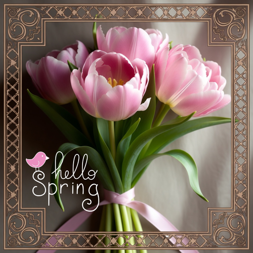 Hello Spring pink tulip bouquet metal sign TTE-407 10 inch square wreath accent with decorative border