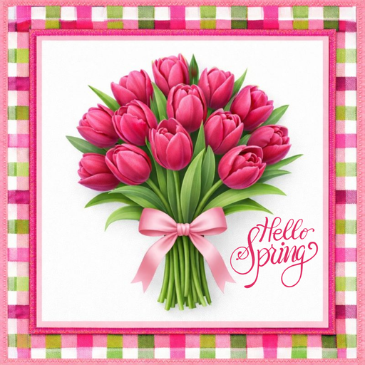 Hello Spring pink tulips metal sign TTE-405 10 inch square spring wreath accent with pink tulip bouquet