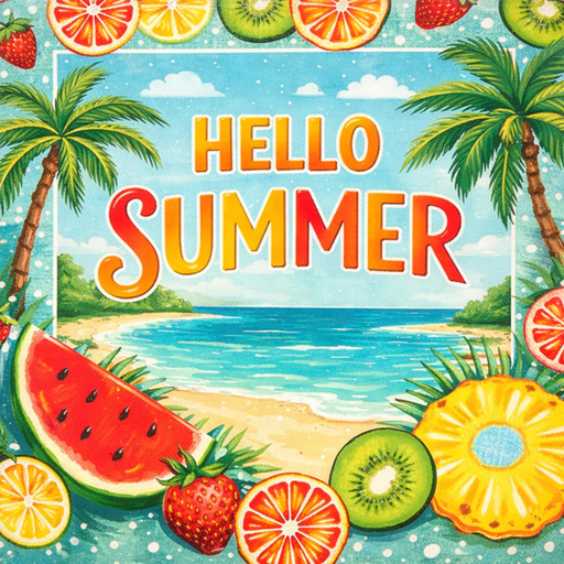 Hello Summer tropical fruit metal sign for wreath making, 10x10 square metal sign with beach scene and colorful fruit slices, perfect as a mesh or grapevine wreath accent for summer decor