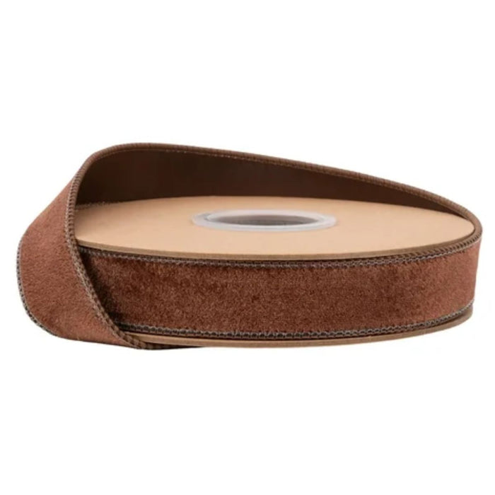 A roll of Heritage Brown Velvet with Brown Back Wired Ribbon (1 Inch x 10 Yards | 7005W-870-25E), partially unrolled with its soft, textured surface and cardboard core visible—perfect for fall decorating or pairing with brown adhesive-backed hook and loop fastener tape for creative projects.