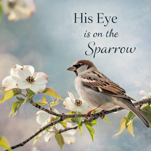 A sparrow sits on white blossoms with wreath accents and a soft blue background. The metal sign reads "His Eye Is on the Sparrow"—an inspiring home décor, 10" square, faith-based accent (TTE-433).