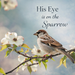 A sparrow sits on white blossoms with wreath accents and a soft blue background. The metal sign reads "His Eye Is on the Sparrow"—an inspiring home décor, 10" square, faith-based accent (TTE-433).