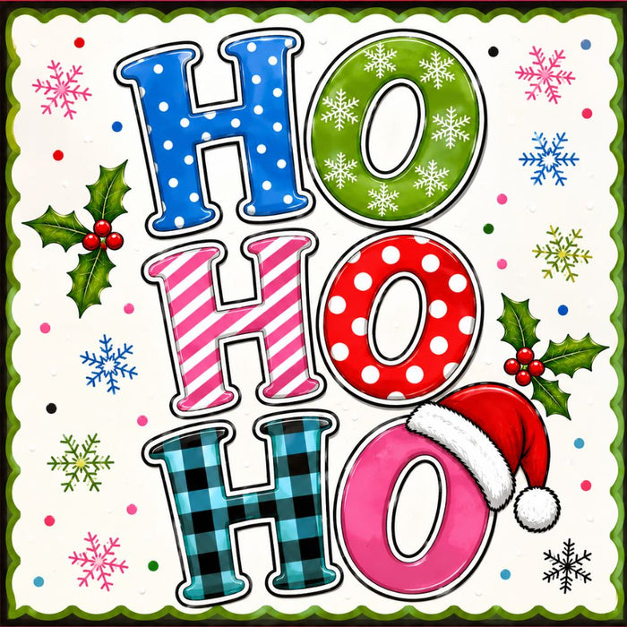 Ho Ho Ho 10 inch metal Christmas sign with multicolor blue, green, pink and red patterned lettering, polka dots, stripes, buffalo check, snowflakes, holly and Santa hat, TTE-693.