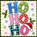 Ho Ho Ho 10 inch metal Christmas sign with multicolor blue, green, pink and red patterned lettering, polka dots, stripes, buffalo check, snowflakes, holly and Santa hat, TTE-693.