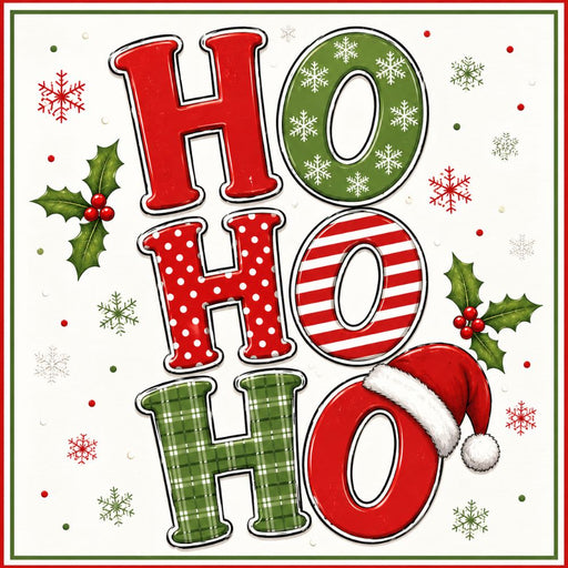 Ho Ho Ho 10 inch metal Christmas sign with red and green patterned lettering, plaid, stripes, polka dots, snowflakes, holly and Santa hat, TTE-692.