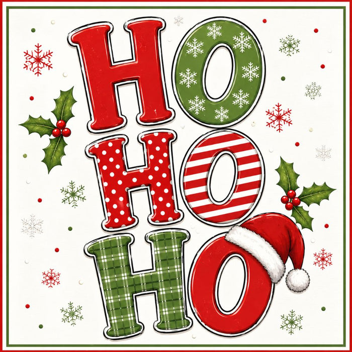 Ho Ho Ho 10 inch metal Christmas sign with red and green patterned lettering, plaid, stripes, polka dots, snowflakes, holly and Santa hat, TTE-692.