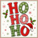 Ho Ho Ho 10 inch metal Christmas sign with red and green patterned lettering, plaid, stripes, polka dots, snowflakes, holly and Santa hat, TTE-692.