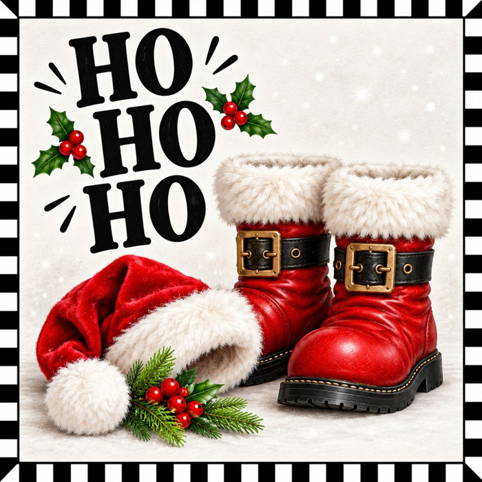 Ho Ho Ho Christmas metal wreath sign with red Santa boots, Santa hat, holly and black white striped border