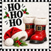 Ho Ho Ho Christmas metal wreath sign with red Santa boots, Santa hat, holly and black white striped border