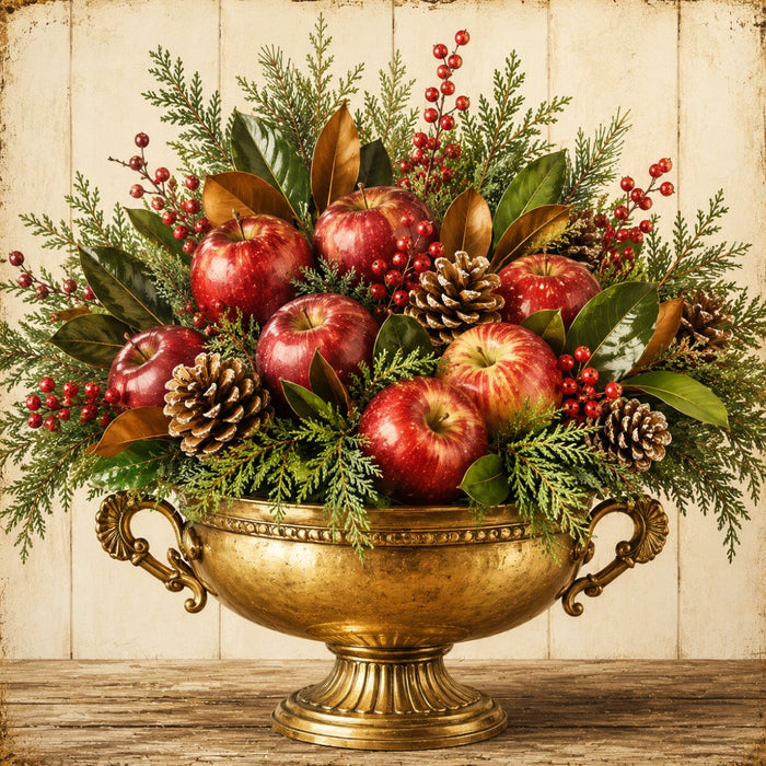 Holiday metal sign featuring red apples, magnolia leaves, pinecones, cedar greenery, winter berries, and an antique gold urn. Exclusive Trendy Tree Design. SKU TTE-522.