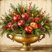 Holiday metal sign featuring red apples, magnolia leaves, pinecones, cedar greenery, winter berries, and an antique gold urn. Exclusive Trendy Tree Design. SKU TTE-522.