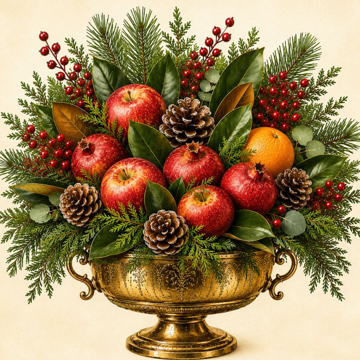 Holiday metal sign featuring apples, pomegranates, pinecones, winter berries, evergreen branches, and an antique gold urn. Exclusive Trendy Tree Design. SKU TTE-538.