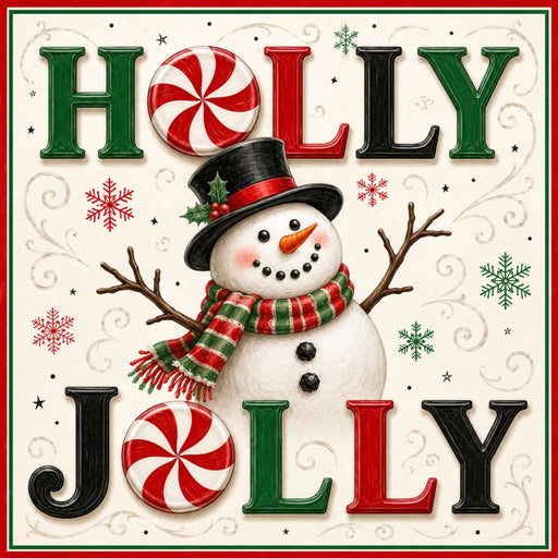 Holly Jolly metal sign featuring a snowman in a black top hat and red and green scarf, peppermint candy lettering, and snowflakes on a cream background.
