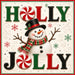 Holly Jolly metal sign featuring a snowman in a black top hat and red and green scarf, peppermint candy lettering, and snowflakes on a cream background.