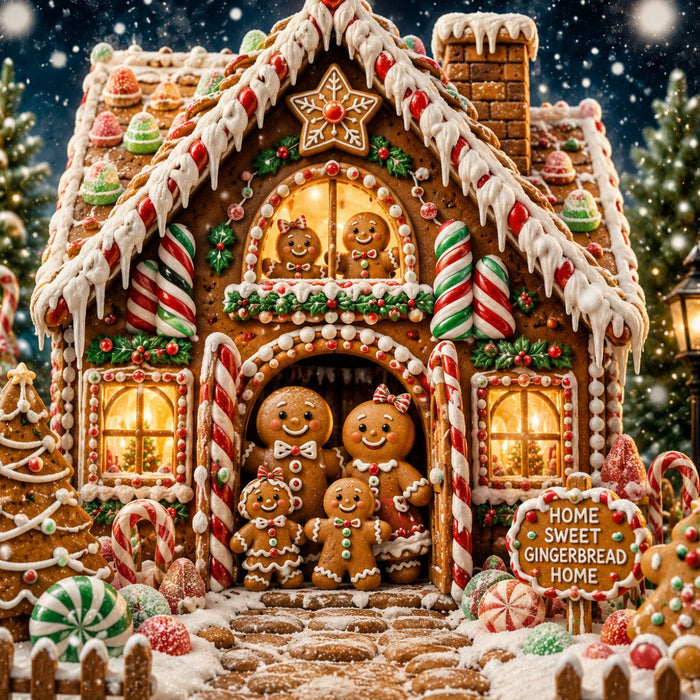 Christmas metal sign featuring a decorated gingerbread house, gingerbread family, candy canes and Home Sweet Gingerbread Home.