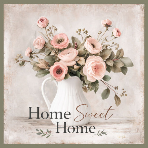Home Sweet Home metal sign featuring blush pink flowers and soft green foliage arranged in a white pitcher on a neutral background.