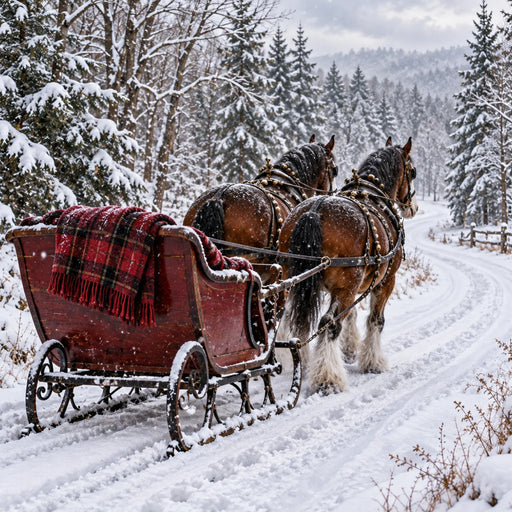 Flat metal winter sign featuring two brown draft horses with feathered legs pulling a vintage wooden sleigh along a snowy woodland road. A red and black plaid blanket hangs over the sleigh, surrounded by snow-covered evergreen trees and a winding winter path. TTE-864.