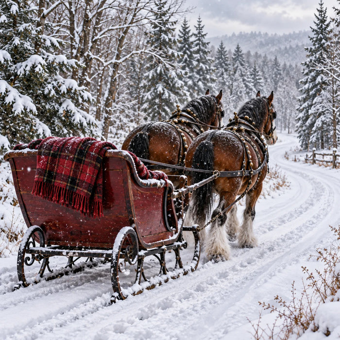 Flat metal winter sign featuring two brown draft horses with feathered legs pulling a vintage wooden sleigh along a snowy woodland road. A red and black plaid blanket hangs over the sleigh, surrounded by snow-covered evergreen trees and a winding winter path. TTE-864.