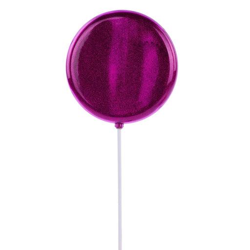 Hot pink glitter decorative lollipop pick 5.9 inch wide on white stick 13.75 inches tall plastic holiday decor XC120711