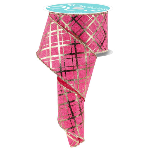 Hot pink wired ribbon with metallic gold diagonal thick and thin plaid pattern 2.5 inch 10 yard roll RGE167411