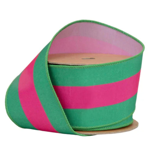 2.5" x 10 yards hot pink and green stripe Dupioni, double sided ribbon with pink backing. Wired. 8217W-175-63E