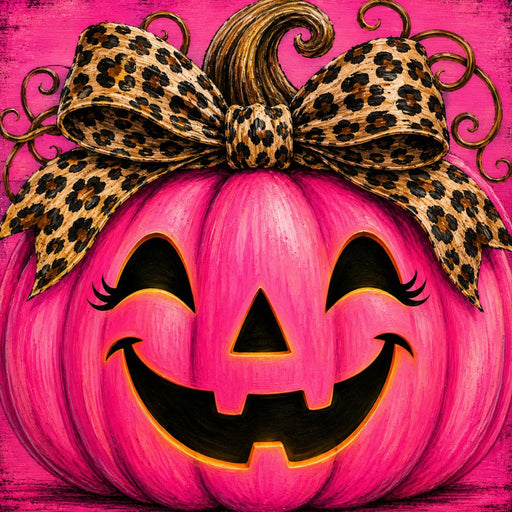 Hot pink jack-o'-lantern 10 inch metal Halloween sign with leopard animal print bow, black smiling face and orange accents, TTE-619.