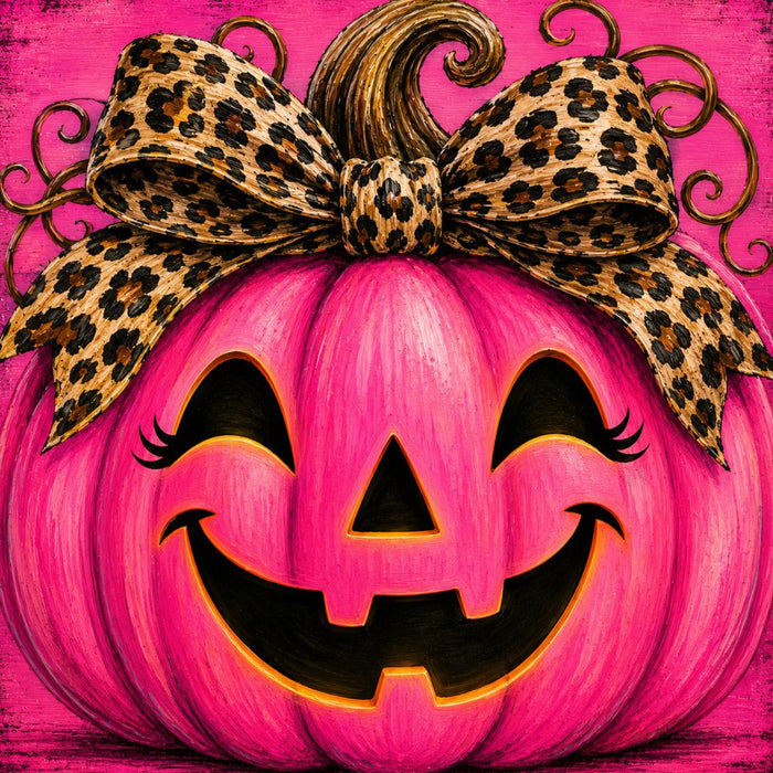 Hot pink jack-o'-lantern 10 inch metal Halloween sign with leopard animal print bow, black smiling face and orange accents, TTE-619.