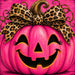 Hot pink jack-o'-lantern 10 inch metal Halloween sign with leopard animal print bow, black smiling face and orange accents, TTE-619.