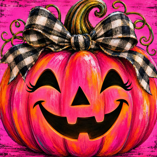 Hot pink jack-o'-lantern 10 inch metal Halloween sign with black and white check bow, smiling pumpkin face and orange accents, TTE-620.