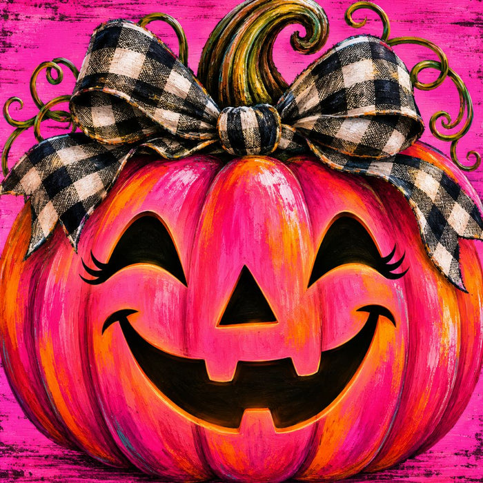 Hot pink jack-o'-lantern 10 inch metal Halloween sign with black and white check bow, smiling pumpkin face and orange accents, TTE-620.