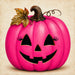 Hot pink jack-o'-lantern 10 inch metal Halloween sign with smiling face, curly brown stem and fall leaf accent, TTE-618.